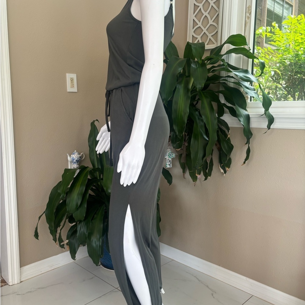 Dark Green Sleeveless romper with Side Slits